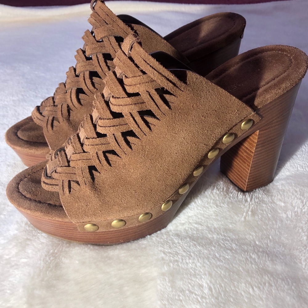 Michael Kors woven suede wooden high heel studded